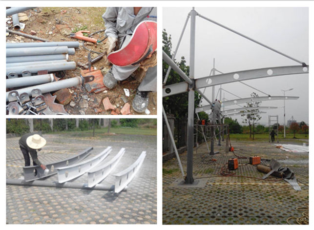 汉川吊塔式异形钢膜结构停车棚钢结构现场施工图